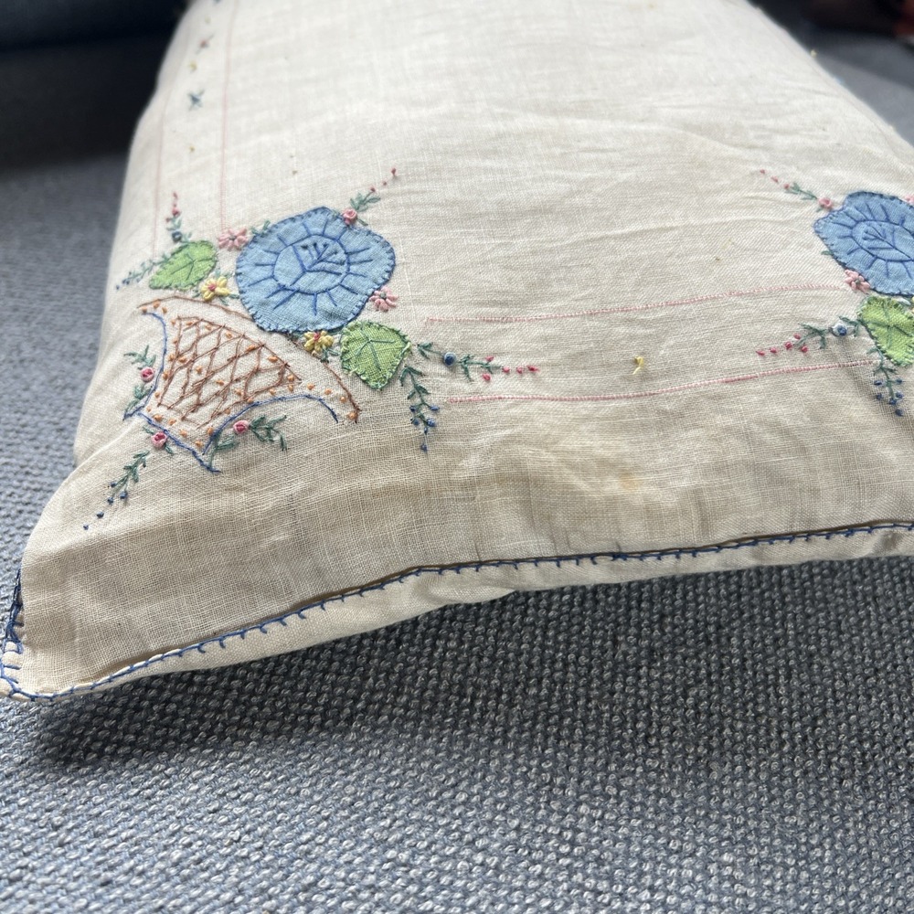 Vintage Handmade Needlepoint Multicolor Pillow, Flowers, Size 9" x 15" Down Fill - Picture 7 of 16